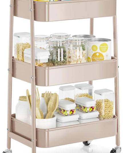 EAGMAK 3 Tier Rolling Cart, Large Metal Storage Cart with Handle and Lockable Wheels, Big Multifunctional Storage Organizer Trolley with Mesh Baskets for Kitchen, Living Room, Office, Garage (Beige)