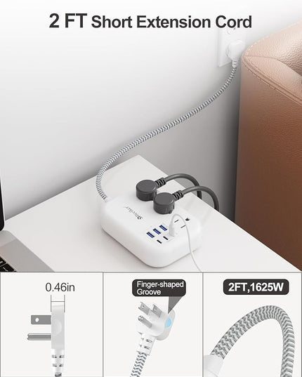 Short Extension Cord 2 Foot- 6 USB(3 USB C) Travel Power Strip with 24W USB Charging Station and 3 Outlets, 2ft Small Flat Plug Extension Cord Surge Protector for Travel Home College Dorm 13A