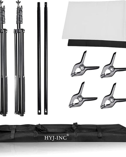 Photo Background Support System with 8.5 x 10ft Backdrop Stand Kit, 100% Cotton Muslin Backdrop (White Black),Clamp, Carry Bag for Photography Video Studio