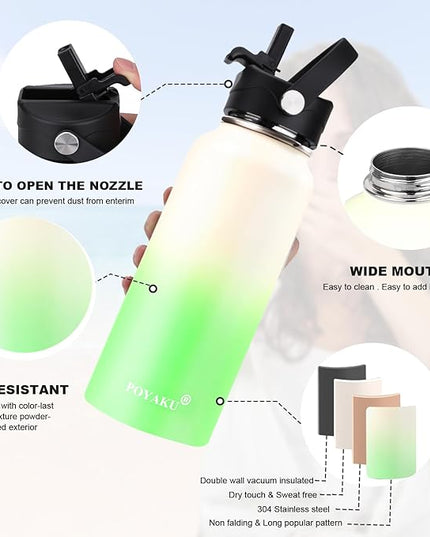 Water Bottle Insulated 32oz 40oz 64oz 128oz Straw Lid Spout Lid & 3 Lids, Leak Proof, Vacuum Insulated,Stainless Steel Water Bottle Wide Mouth for Sports, Gym or Office