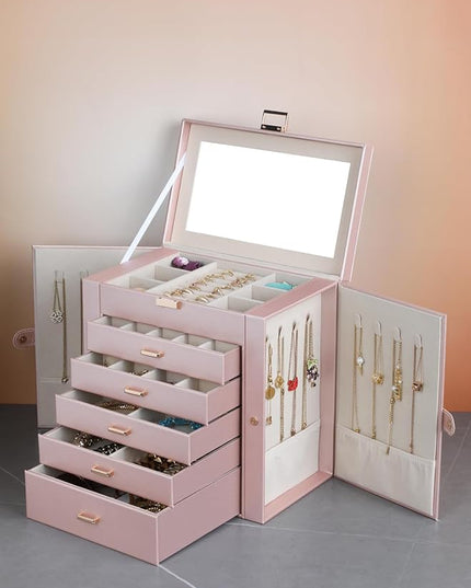 BOOVO Jewelry Box For women, 6 Layer Large Jewelry Organizer With Mirror, Multi-Function Storage Box With Lock, Necklace Holder With 5 Drawers, For Earrings Necklace Bracelet (Rose Gold and Gold)