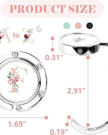 Iqimott 3pcs Personalized Initial Foldable Purse Hook for Table, Flower Letter Folding Handbag Hanger Portable Magnet Table Hook Holder, Collection Desk Purse Hooks for Women Bag (Pink-F)