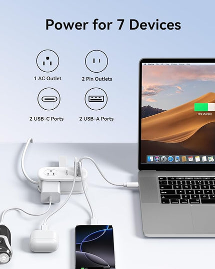 ORICO 65W GaN Travel Power Strip with 7-in-1 Charging Ports (3 AC Outlets/2 USB-A/2 USB-C), Flat Plug and 4FT Extension Cord, Fast Charger for MacBook Pro/Air, iPad Pro, iPhone 17/16/15- AP3