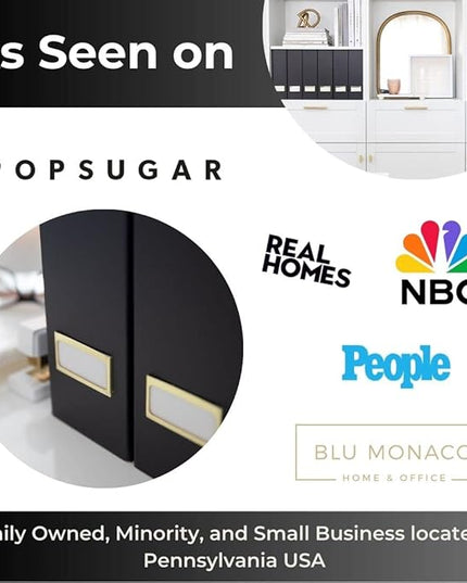 BLU MONACO Declutter in Style - Set of 6 Black Foldable Magazine File Holders with Gold Label Holders - Cardboard Magazine Storage Box & Desk Organizer for Workspace and Shelves