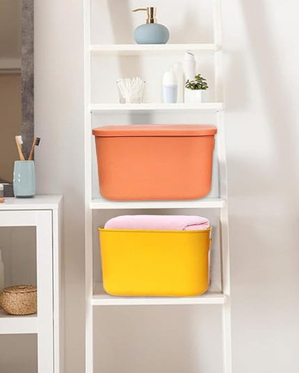 8 Pack Colorful Plastic Storage Bins with Lid and Handle，Stackable Storage Box Basket Containers，Desktop Storage Box Cubby Bins for Shelf Cabinet Kitchen Bathroom Office，10 x 7 x 6.1Inch