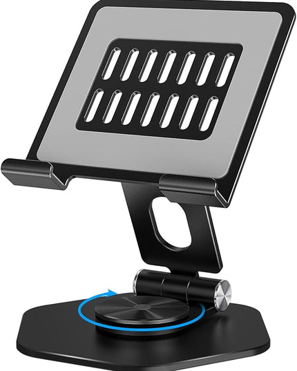 Foldable Aluminum Tablet Stand for Desk, 360° Swivel iPad & Tablet Holder – Portable & Stable Desktop Mount for 5–12.9in Devices, Black