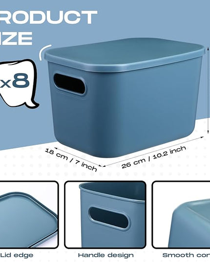 Hoolerry 8 Pieces Colorful Storage Bins with Lid, Plastic Storage Basket Organizing Container Stackable Box with Handle for Shelves Desktop Playroom Office(10.2 x 7 x 6.3 Inch,Blue)