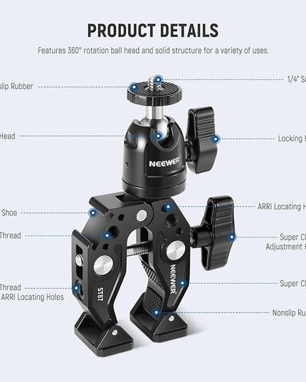 Neewer Super Clamp with Ballhead, Cold Shoe, Phone Holder and Action Camera Mount Adapter for Flat/Round Surface Compatible with GoPro DJI iPhone 15 Pro Max, ST87