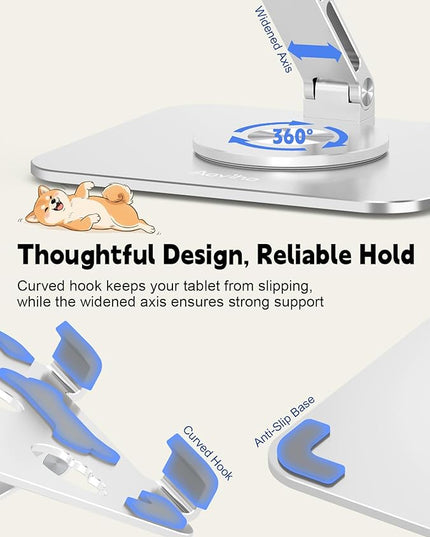 Aoviho Adjustable Tablet Stand for iPad - 360° Rotating Aluminum Desk Holder, Foldable Stable Stand for iPad Pro 12.9/11, Samsung Galaxy Tab, Home Office & Travel, Silver