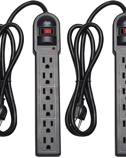 KMC 6-Outlet Surge Protector Power Strip 2-Pack, 900 Joules, 4-Foot Extension Cord, Overload Protection, Black