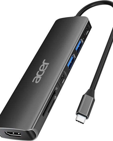 Acer USB C Hub, 7 in 1 USB-C to HDMI Dock, 2 USBA 3.1 GEN1 and 5Gbps Type-C Data Port, 4K HDMI Port, PD 100W Charging, SD Card Reader, for iPad Pro MacBook Pro Laptops and More (Black)