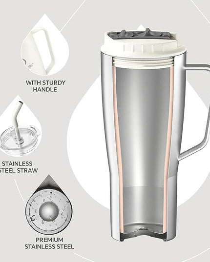 Ideus 32 oz Tumbler with Handle and Straw, Vacuum Insulated Stainless Steel Travel Mug, 100% Leakproof, Cup Holder Friendly, White