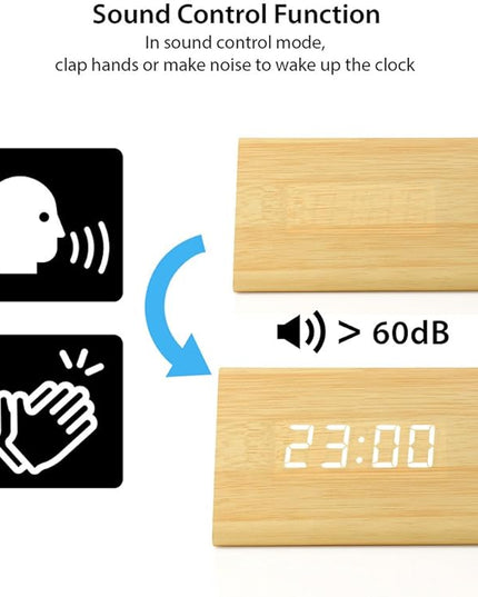 OCT17 Wooden Wood Clock, New Version LED Alarm Digital Desk Clock Adjustable Brightness, Alarm Time, Displays Time Date Temperature - Bamboo