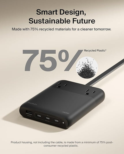 Belkin 2-Outlet GaN Charging Station 140W, USB C Charger w/ 2X AC Outlets, 3X USB C Ports, and 1x USB A Port - Power Strip for iPhone, Apple Watch, iPad, MacBook, Chromebook, Galaxy, Pixel, & More
