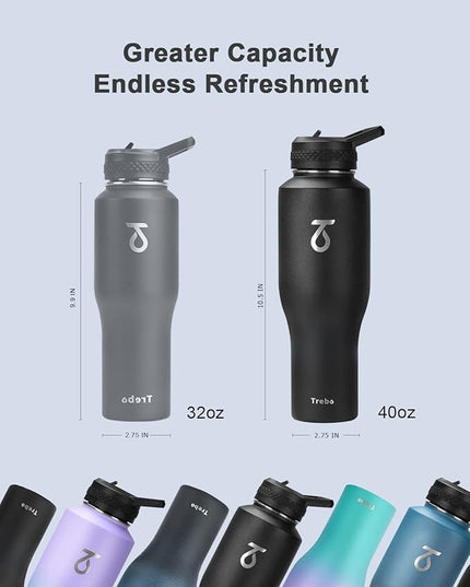 Trebo 40 oz Insulated Water Bottle that Fits in Car Cup Holder,Triple Wall Stainless Steel Water Bottles Insulated,LeakProof,Keep 48 hrs Cold & 24 hrs Hot,Metal Tumbler with Paracord Handle,Straw