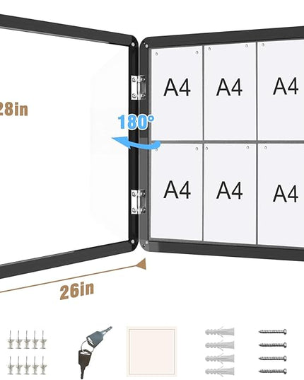 Mifuro 28"x26" Enclosed Bulletin Board, Lockable Weather-Resistant Aluminum Cork Noticeboard for School & Office, Black Frame w/Grey Flet
