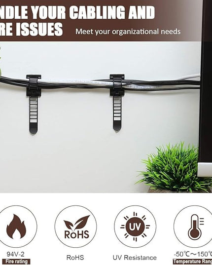 100Pcs Adhesive Cable Management Clips with 50Pcs Zip Ties, Adjustable Nylon Cable Strap Ties Wire Clips Clamps Organizer with Strong Adhesive Tape, Extra Screw & Hole - 3.55 Inch Black