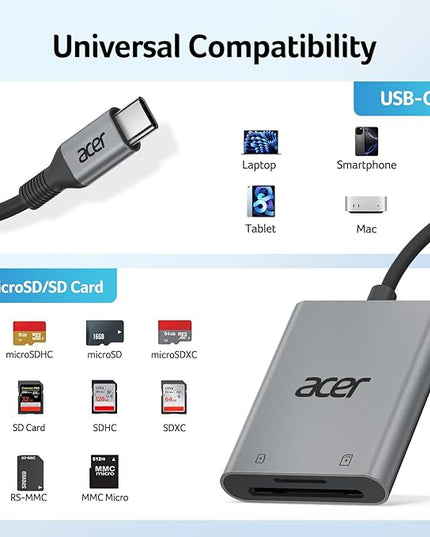 Acer SD Card Reader USB C, Dual Slots Type C to Memory Card Reader, Aluminum Micro SD Card Camera Adapter for MicroSD, SDHC, SDXC, Compatible with iPhone16/15, MacBook, iPad Pro, Android, Laptop
