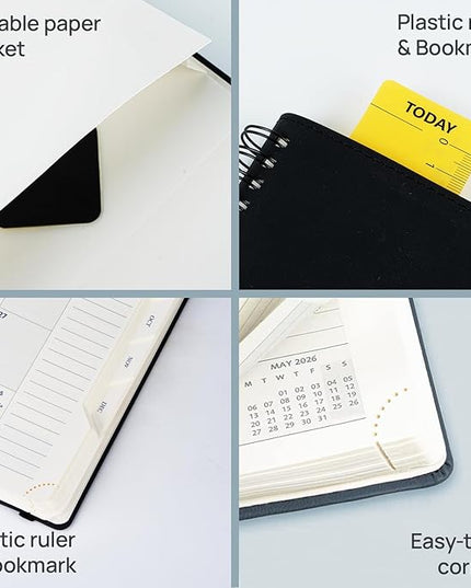 POPRUN 2026 Daily Planner One Page per Day (Medium 6'' x 8.5'') - 12 Months Calendar Appointment Book with Hourly Slots, Inner Pocket, Monthly Tabs, Pen Holder - Midnight Green