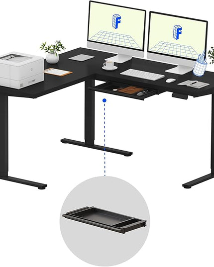 FLEXISPOT L Shaped Standing Desk, 63 x 55 Inch Electric Height Adjustable Corner Desk, Sit Stand Computer Workstation, Preset Controller, Home Office, Black Frame with Black Top, Black Drawer