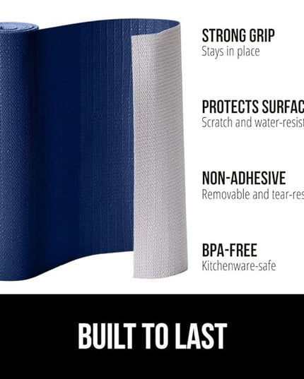 GORILLA GRIP DripGuard Shelf Liner, Non Adhesive Drawer and Kitchen Cabinet Protector, Slip Resistant BPA Free Smooth Surface Plastic Liners for Cabinets, Bathrooms, Closets, 17.5x120 Inch, Navy Blue