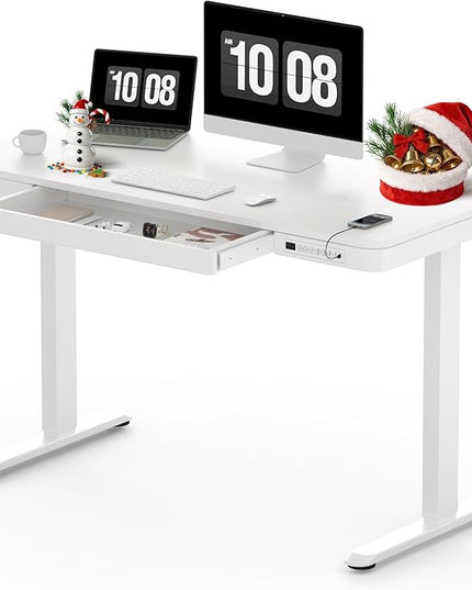SANODESK Standing Desk with Drawer, Electric Height Adjustable Home Office Desk with Storage & USB Ports, 48 inch White Wood Tabletop/White Frame