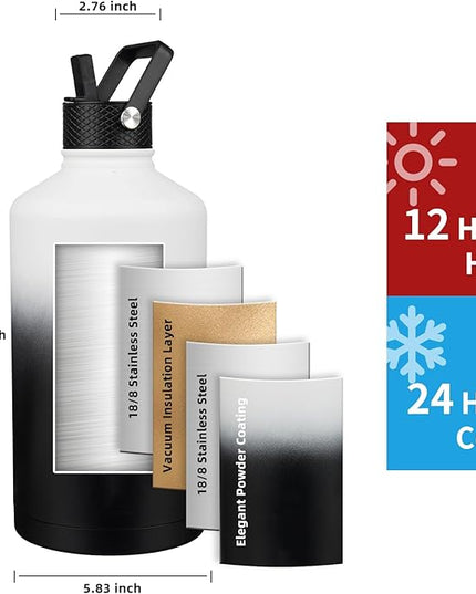Insulated Water Bottle 128oz,Triple Wall Vacuum Stainless Steel(Dishwasher Safe),Leak Proof & Non-BPA,Flask Jug with Paracord Handle & Straw Spout Lids Sports Gradient black