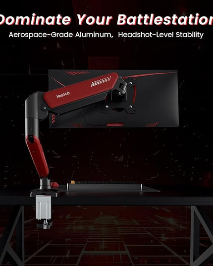 NearHub Gaming Monitor Mount for Computer Screen 13-32" and up to 22 lbs,360° Rotation,+90° to -45° Tilt,180° Swivel,with C Clamp and Grommet Base,Integrated Cable Management,75x75/100x100 VESA,RED