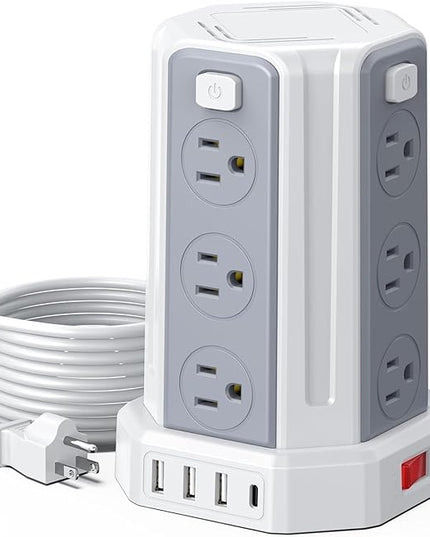 Power Strip Surge Protector, 10 Ft Extension Cord with 12 AC Multiple Outlets 4 USB (1 USB C), SMALLRT Power Tower Desktop Charging Station (White, 10 FT)