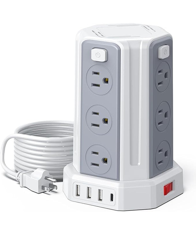 Power Strip Surge Protector, 10 Ft Extension Cord with 12 AC Multiple Outlets 4 USB (1 USB C), SMALLRT Power Tower Desktop Charging Station (White, 10 FT)