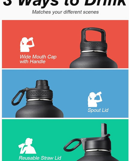 Half Gallon Insulated Water Bottle with Straw & 3 Lids, Coolflask 64 oz Water Jug Large Metal Stainless Steel Wide Mouth for Sports, Gym or Office, Non-BPA Keep Cold 48H Hot 24H, Piano Night