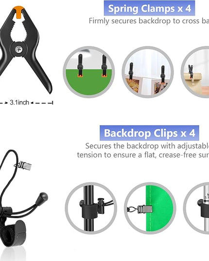 EMART Photo Video Studio Backdrop Stand Kit, 7×10ft Adjustable Photography Support System with Polyester Background(Black/White/Green Screen), Spring Clamps and Carry Bag for Photoshoot