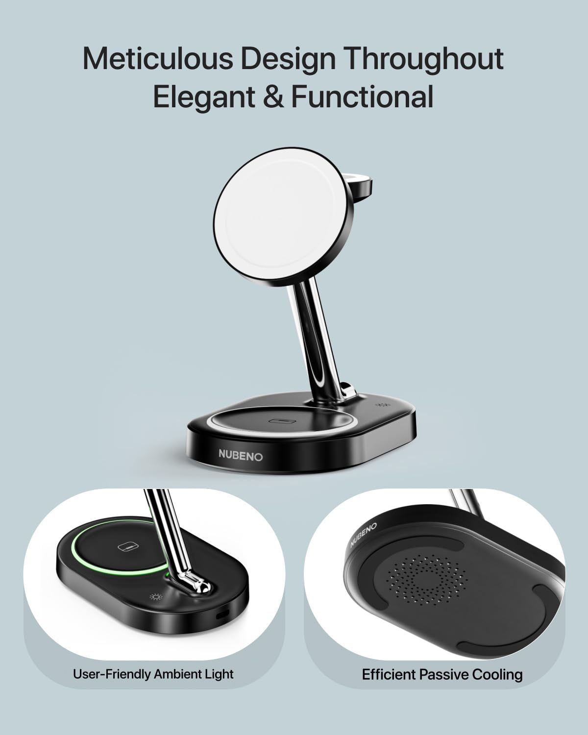 Nubeno Multiple Charging Station for Magsafe Apple Devices, Wireless Charger Station for MagSafe iPhones, 3 in 1 Magnetic Charger Stand for iPhone 17/16/15/14/13/12, Apple Watch & AirPods(Blk)