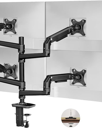Quad Monitor Mount, Holds Screens up to 40 Inches and 25 lbs, Fully Adjustable 4 Monitor Mount with C-Clamp and Grommet Base, Aluminum, Black
