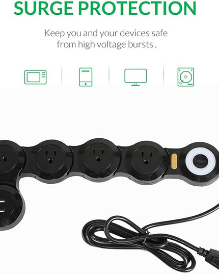 Deformation Power Cord for Large Plug Charger Socket -Flat Plug Power Strip with 2 USB Ports and 4 Multi Outlets, with 6.5FT Extension Cord