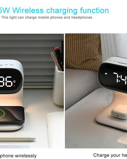 3in1 Multi-Functional Wireless Charging Alarm Clock Smart Night Light Qi Charger LED Digital Clock Adjustable Light 15W Fast Wireless Charging for All Qi Phone and TWS Headphone White