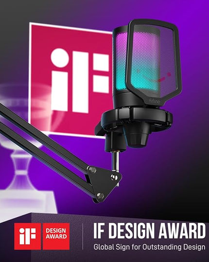 FIFINE Gaming PC USB Microphone, Podcast Condenser Mic with Boom Arm, Pop Filter, Mute Button for Streaming, Twitch, Online Chat, RGB Computer Mic for PS4/5 PC Gamer Youtuber-AmpliGame A6T