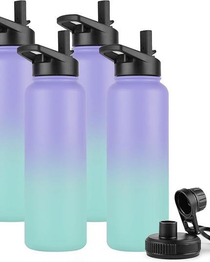 DOMICARE 40 oz Insulated Water Bottle Bulk, Vacuum Insulated Stainless Steel Sports Water Bottle with Straw Lid & Spout Lid, Leakproof, Reusable - Travel, Camping, Bike, Purple Green Gradient(4 Pack)