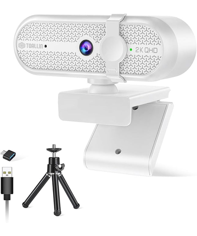 TOALLIN 2K Webcam for Streaming, 5 Million Pixels, Built-in Mic, FOV 90° Webcam with Tripod and Privacy Cover, USB Computer Camera for Laptop, Live-Streaming, Gaming, Video Calls