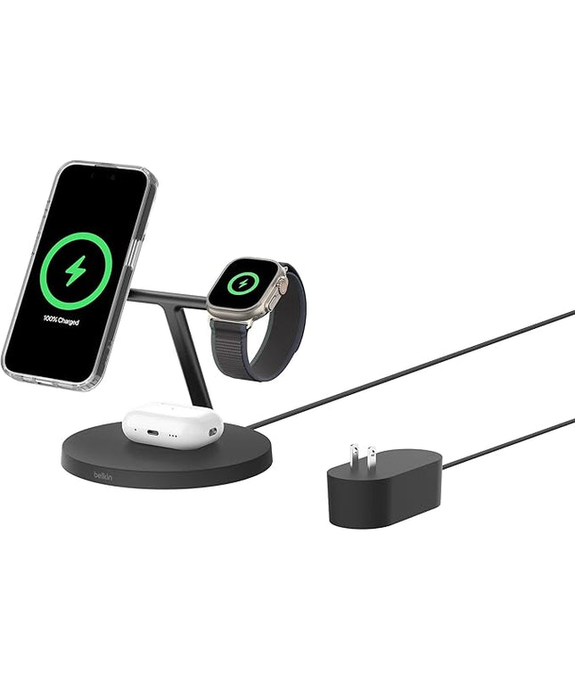 Belkin MagSafe-Compatible Charger, 3-in-1 Wireless Charging Station, Qi2-Certified 15W Wireless Charge for Apple iPhone 17 Series, Apple Watch, AirPods w/Non-Slip Base, 40W Included - Black