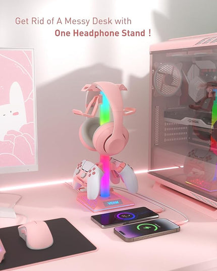 VCOM RGB Gaming Headphones Stand with 2 USB Ports, Pink Headset Stand with 10 Light Modes and Non-Slip Rubber, Suitable for PC Desk Accessories Gamers Gift(Pink)
