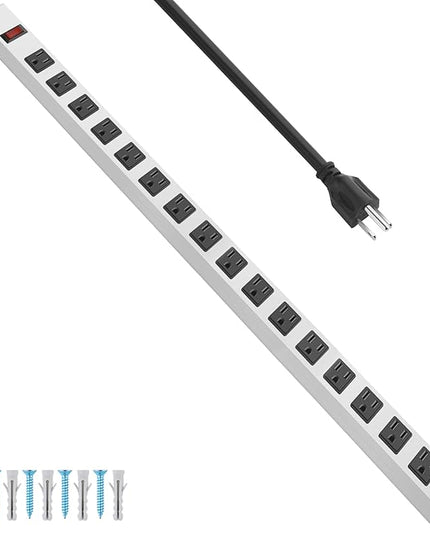 JUNNUJ Metal 16 Outlet Power Strip, Mountable Heavy Duty Power Strip, 1200J Surge Protector Wall Mount Screws Outlet with Switch, Gaming Desk Strips Wide Spaced 15A 125V 1875W, 6 FT 14AWG Power Cord