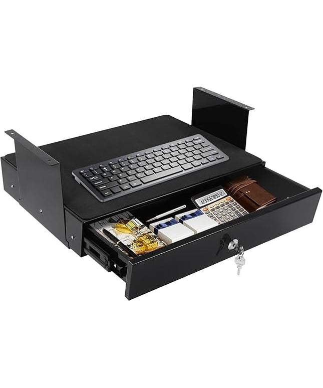 LEYSRIS 19.78" Under Desk Storage Drawer, Locking Design Black Sliding Pull-Out Drawer for Sit Stand Workstation