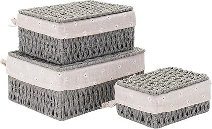 GIB Small Wicker Storage Baskets with Lids and Liner, Rectangular Paper Rope Woven Baskets for Organizing, Decorative Boxes Boho Decor for Shelves Table Desktop Makeup Organizer, Set of 3, Grey