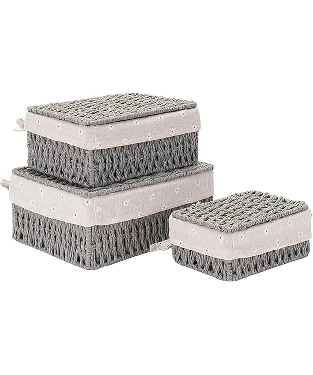 GIB Small Wicker Storage Baskets with Lids and Liner, Rectangular Paper Rope Woven Baskets for Organizing, Decorative Boxes Boho Decor for Shelves Table Desktop Makeup Organizer, Set of 3, Grey