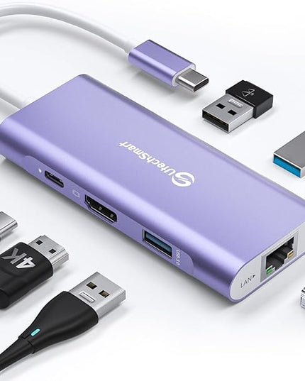UtechSmart USB C Hub, Ethernet Multiport Adapter 6 In 1 USB C to HDMI Dock Compatible for Macbook Pro/Air, Chromebook, Dell XPS, HP and Type C Devices (Gigabit Ethernet 100W PD 4K HDMI USB 3.0) Purple