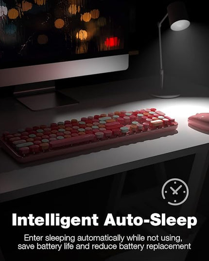 MOFII Wireless Keyboard and Mouse Combo, Pink Wireless Keyboard, 2.4GHz Retro Full Size with Number Pad & Cute Mouse for Computer PC Laptop Windows XP/7/8/10 (Pink-Colorful)