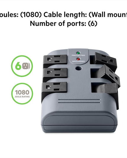 Belkin Power Strip Surge Protector - 6 Rotating AC Multiple Outlets, Flat Pivot Plug - Heavy Duty Wall Outlet Extender for Home, Office, Travel, Computer Desktop & Phone Charging Brick (1,080 Joules)