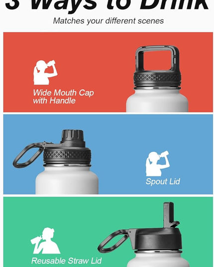 Coolflask Water Bottle 32 oz Insulated with Straw, Stainless Steel Metal 3 Lids Water Flask Wide Mouth for Sports or Office, Non-BPA Keep Cold Up to 48 Hrs or Hot Up to 24 Hrs, White