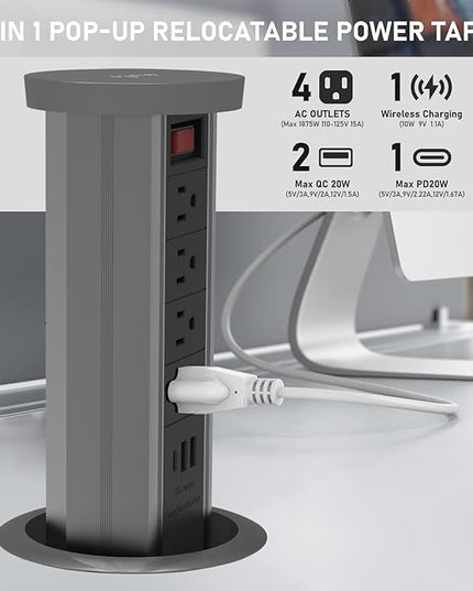 Pop up Outlet for countertop 4.72in Desk Grommet Power Station PD20W USB C 4 Outlets 3 USB Ports 1 Wireless charger 15A Outlets Fast charging Space Saver Outlet for Kitchen Office 6ft Cord